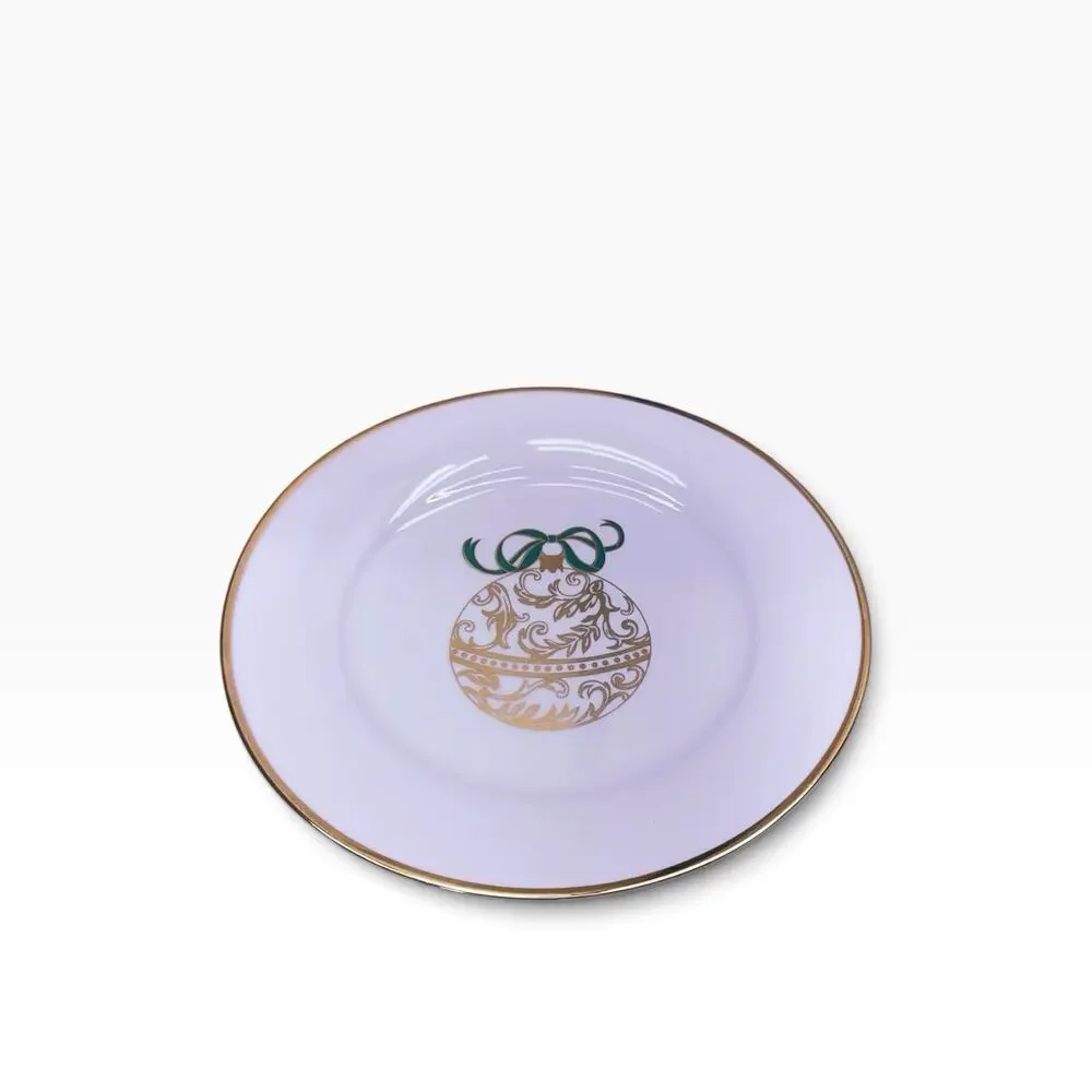 Pier 1 Ornament Gold Rim Green Brown Blue Red Bow White Salad 7.5 in Plate Lot 6